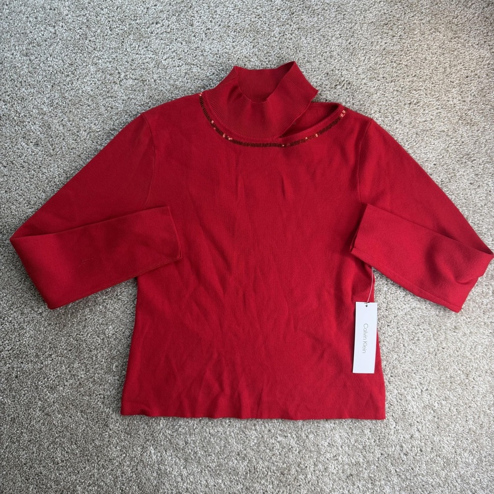 Calvin Klein Sweater Womens M Red Turtleneck Sequin Stretch 3/4 Sleeve Pullover